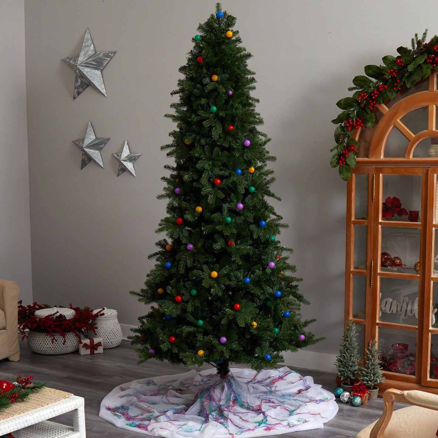 8.5' Montana Mountain Fir artificial Christmas tree Nearly Natural with multicolor ornaments on Tampa Home & Garden Store
