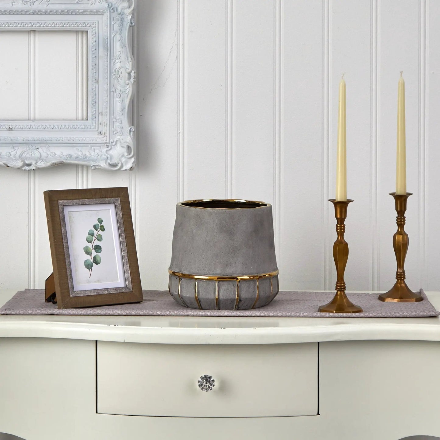 Regal Stone decorative planter with gold accents, gray stone finish, Nearly Natural 8.5in on Tampa Home & Garden Store