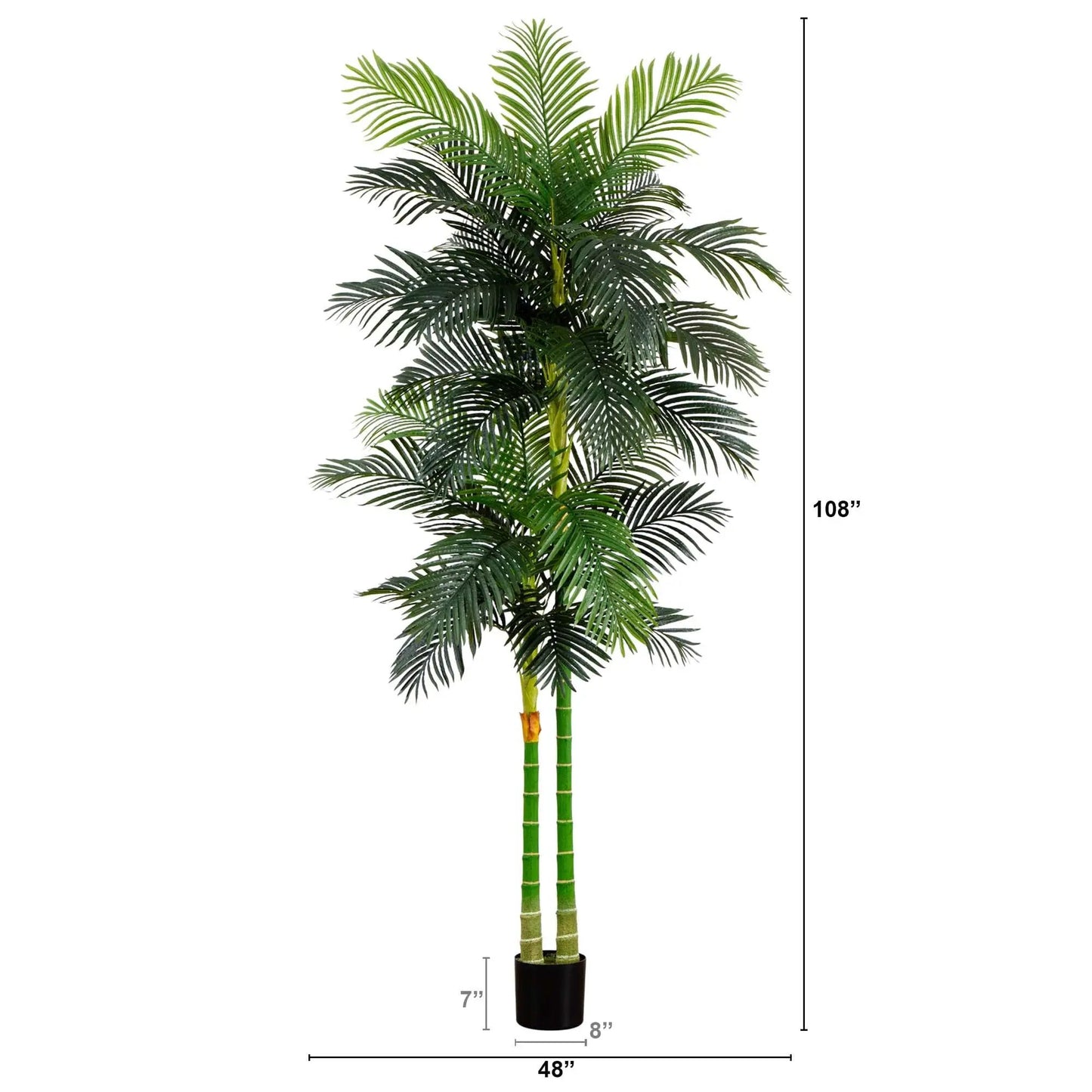 9 ft artificial double cane palm tree by Nearly Natural with green fronds in a black pot on Tampa Home & Garden Store