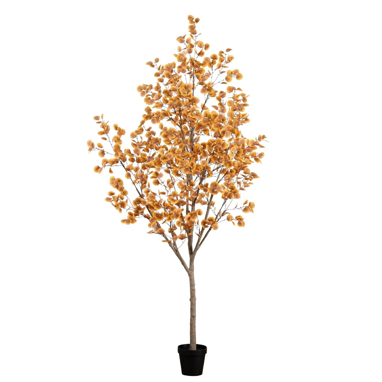 9 ft Autumn Eucalyptus Artificial Tree with orange leaves in a black pot by Nearly Natural on Tampa Home & Garden Store