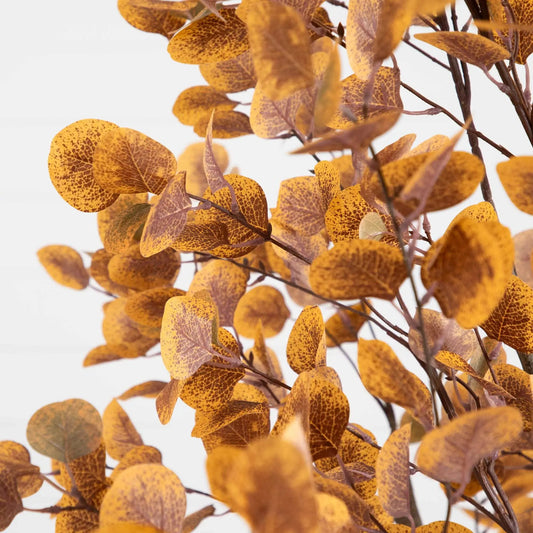 8 ft Autumn Eucalyptus artificial fall tree Nearly Natural orange speckled leaves close-up on Tampa Home & Garden Store