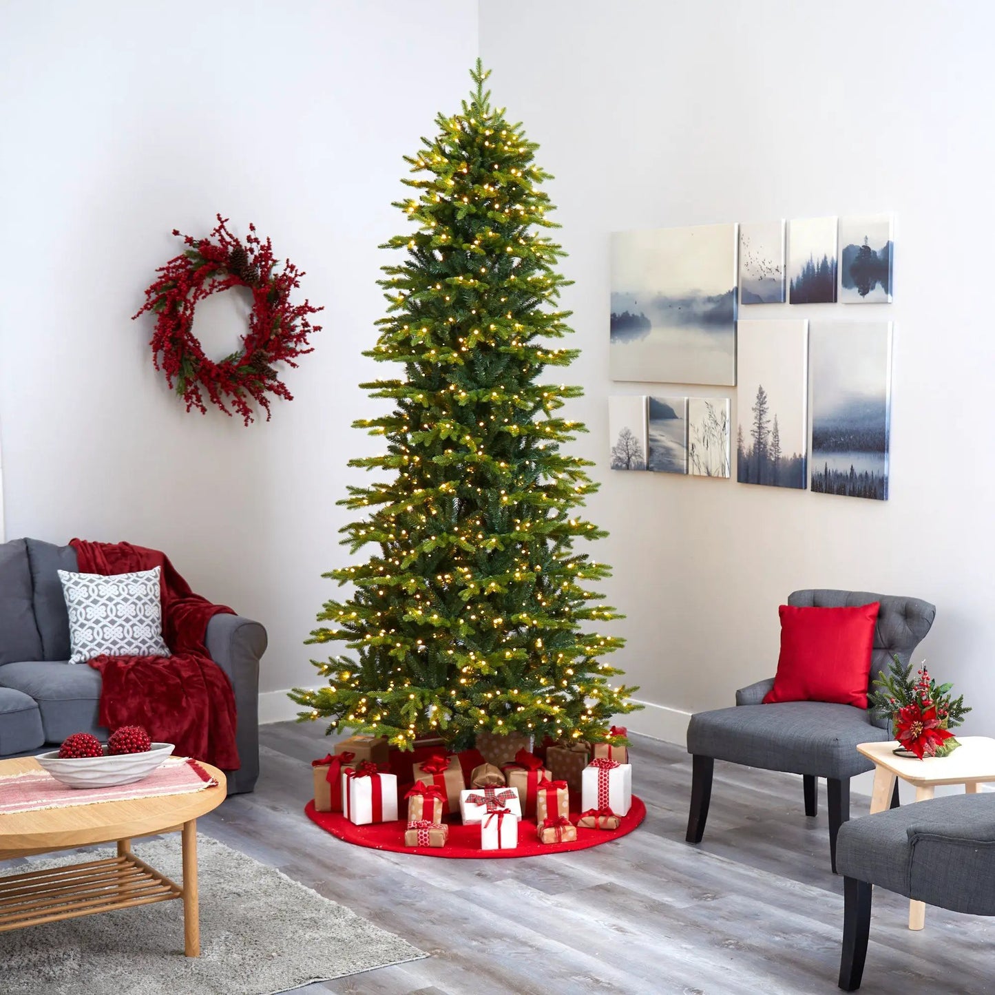 Nearly Natural 9 ft fir Christmas tree with 800 LED lights in living room on Tampa Home & Garden Store