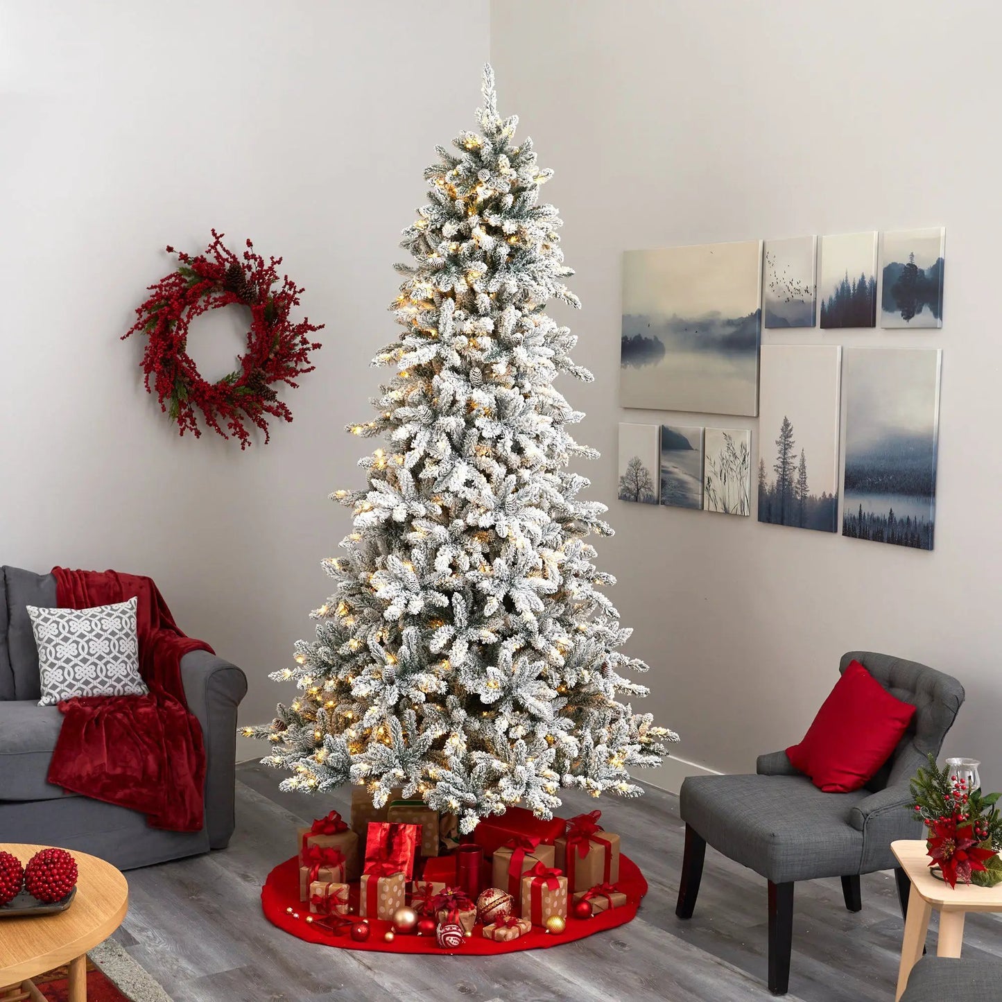 Nearly Natural 9 ft Flocked Livingston Fir Tree with Pine Cones and Warm LED Lights on Tampa Home & Garden Store