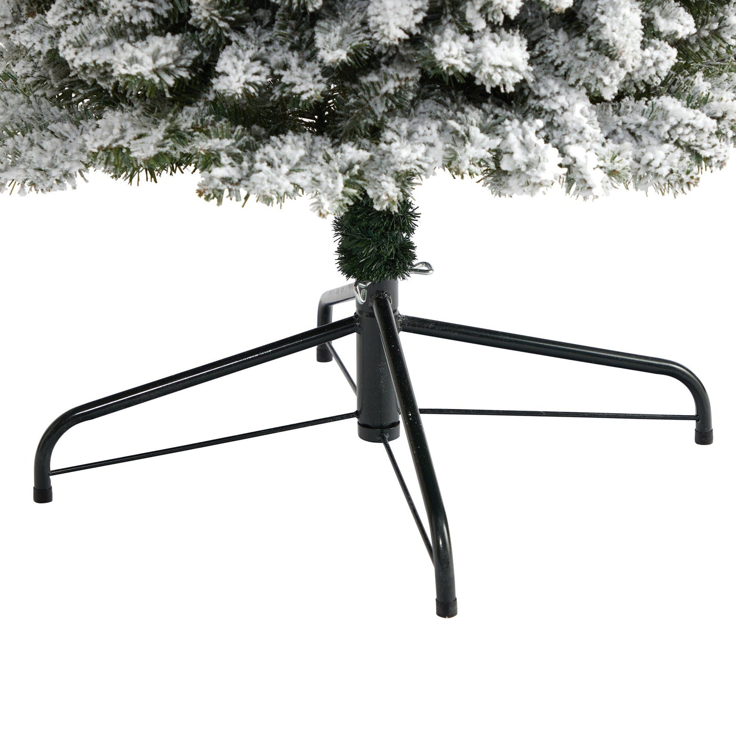 9' Flocked Pencil Christmas Tree with 600 Lights, green needles with white flocking, metal stand on Tampa Home & Garden Store