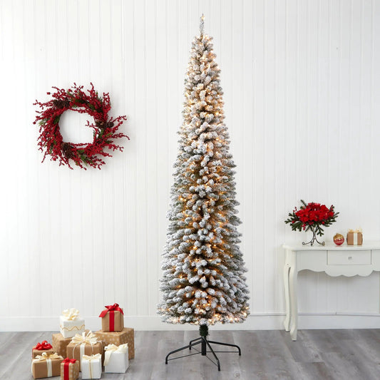 9’ Flocked Pencil Artificial Christmas Tree with 600 Clear Lights and 896 Bendable Branches - Tampa Home & Garden Store