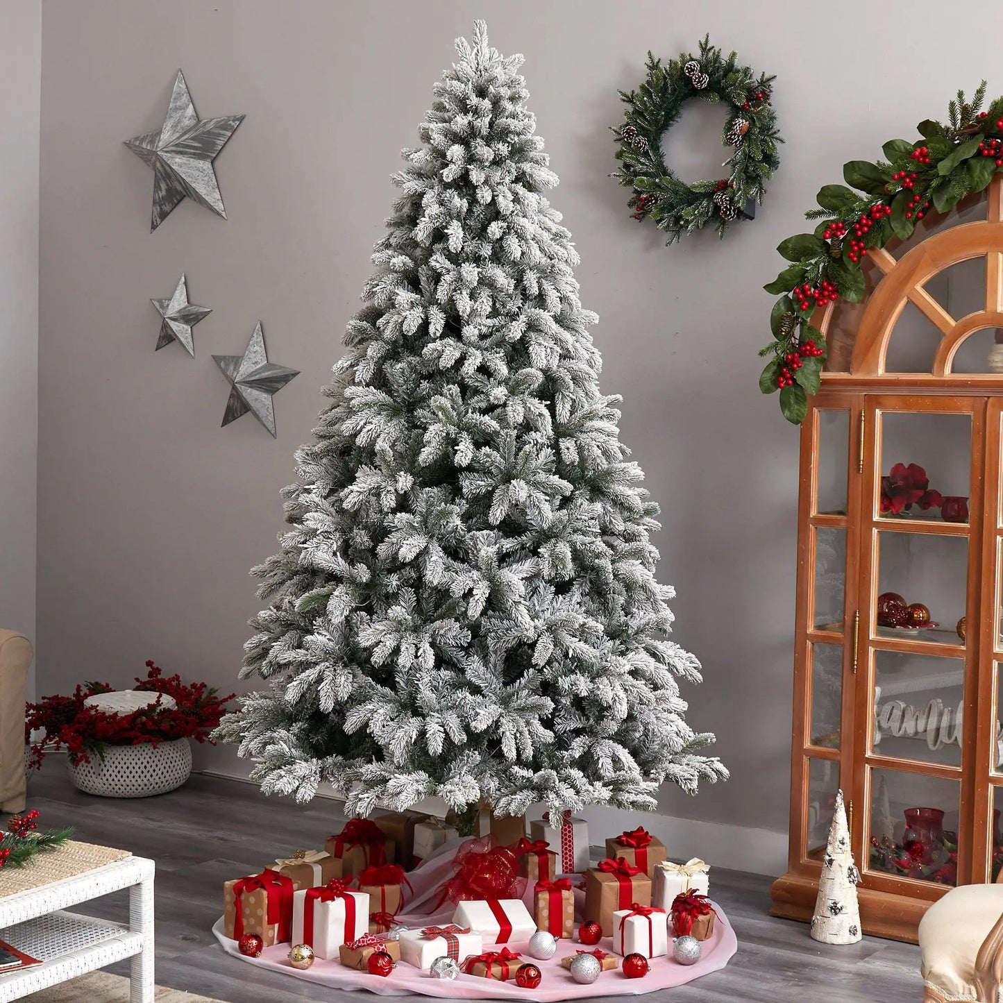 9’ Flocked South Carolina Spruce Christmas Tree with 850 Clear Lights and 2329 Bendable Branches - Tampa Home & Garden Store