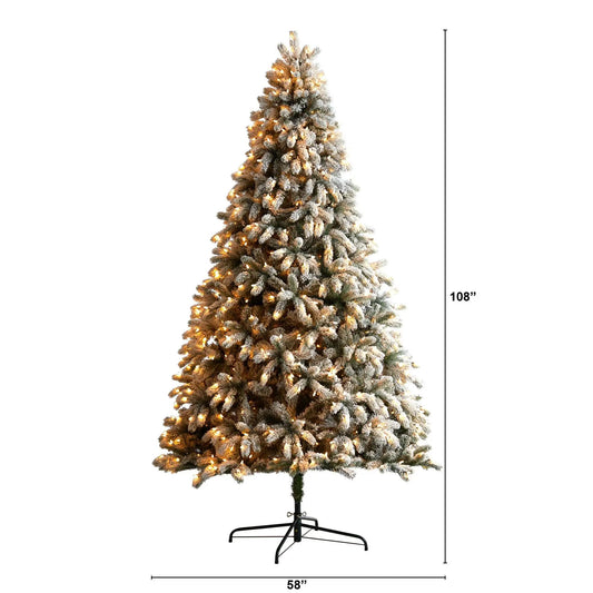 Nearly Natural 9 ft flocked South Carolina Spruce Christmas Tree with warm white lights on Tampa Home & Garden Store