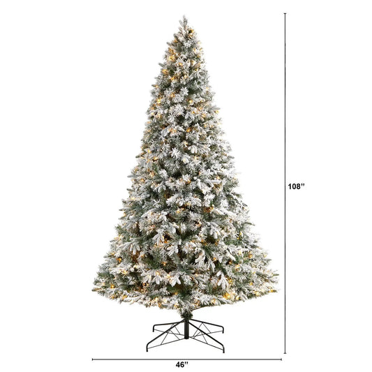 Flocked Vermont pine Christmas tree Nearly Natural, 9 ft, 650 LED lights on metal stand on Tampa Home & Garden Store