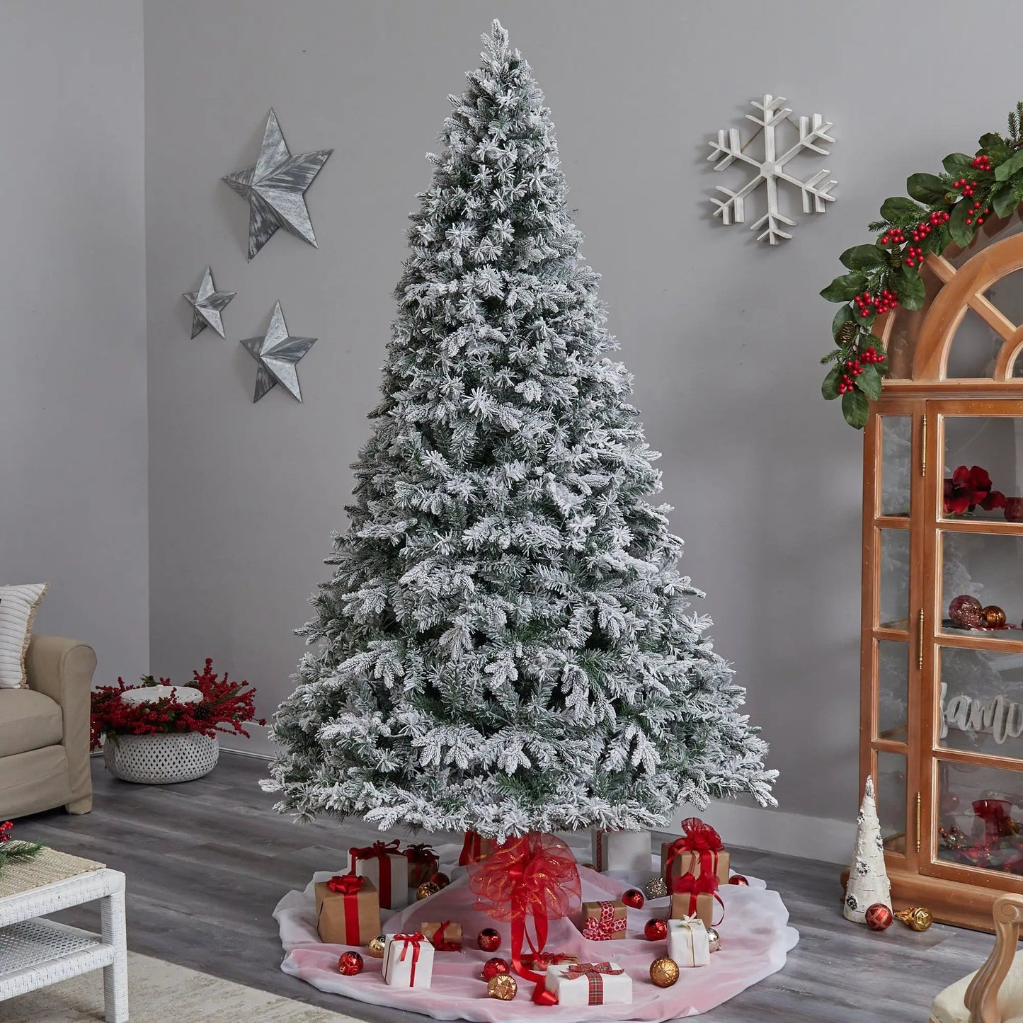 Flocked Vermont Pine Christmas Tree with 650 LEDs by Nearly Natural frosted needles on Tampa Home & Garden Store