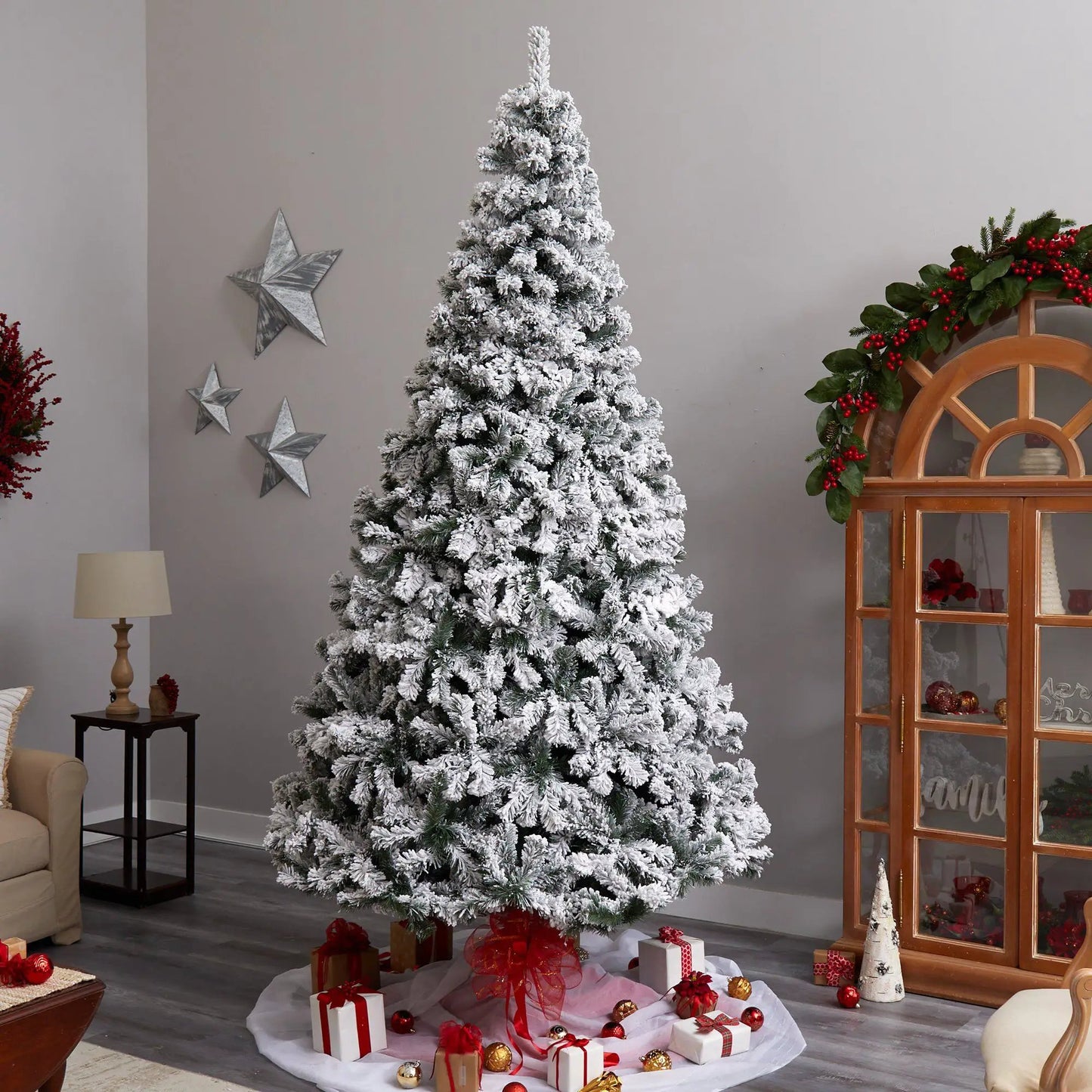 9 ft flocked West Virginia Fir Tree with 650 clear LED lights by Nearly Natural on Tampa Home & Garden Store