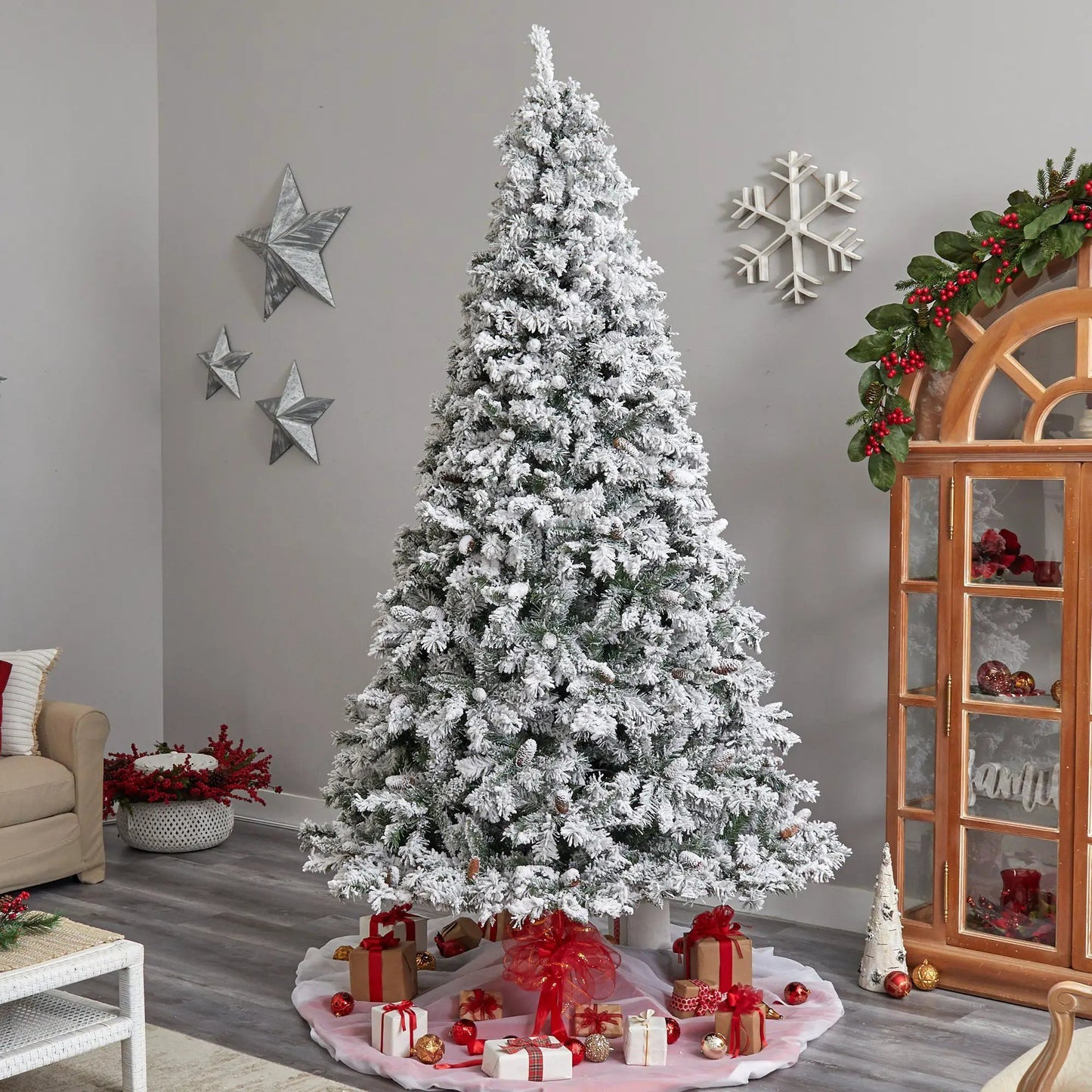 Flocked White River Mountain Pine Christmas Tree by Nearly Natural with pinecones on Tampa Home & Garden Store