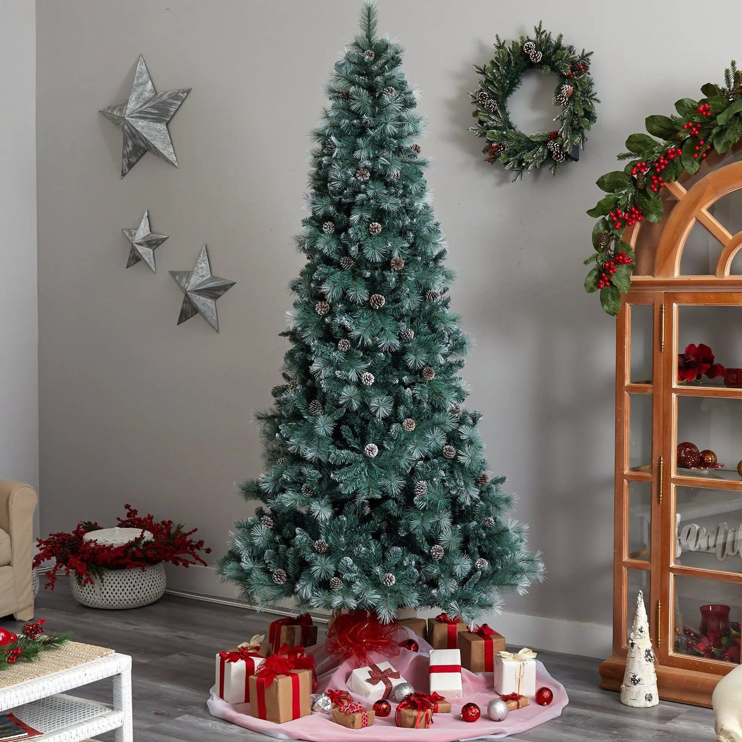 9' Frosted Tip British Columbia Mountain Pine Artificial Christmas Tree with 400 Clear Lights, Pine Cones and 882 Bendable Branches - Tampa Home & Garden Store