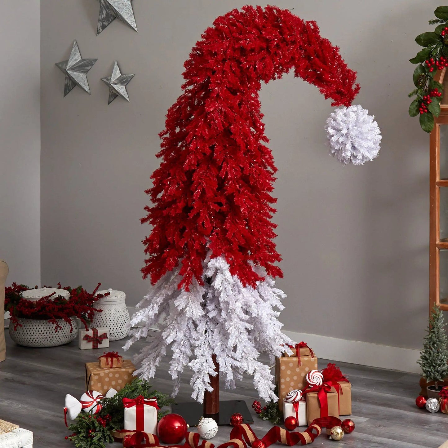 Red Santa Hat Christmas Tree with Branches red and white tinsel with bendable branches on Tampa Home & Garden Store