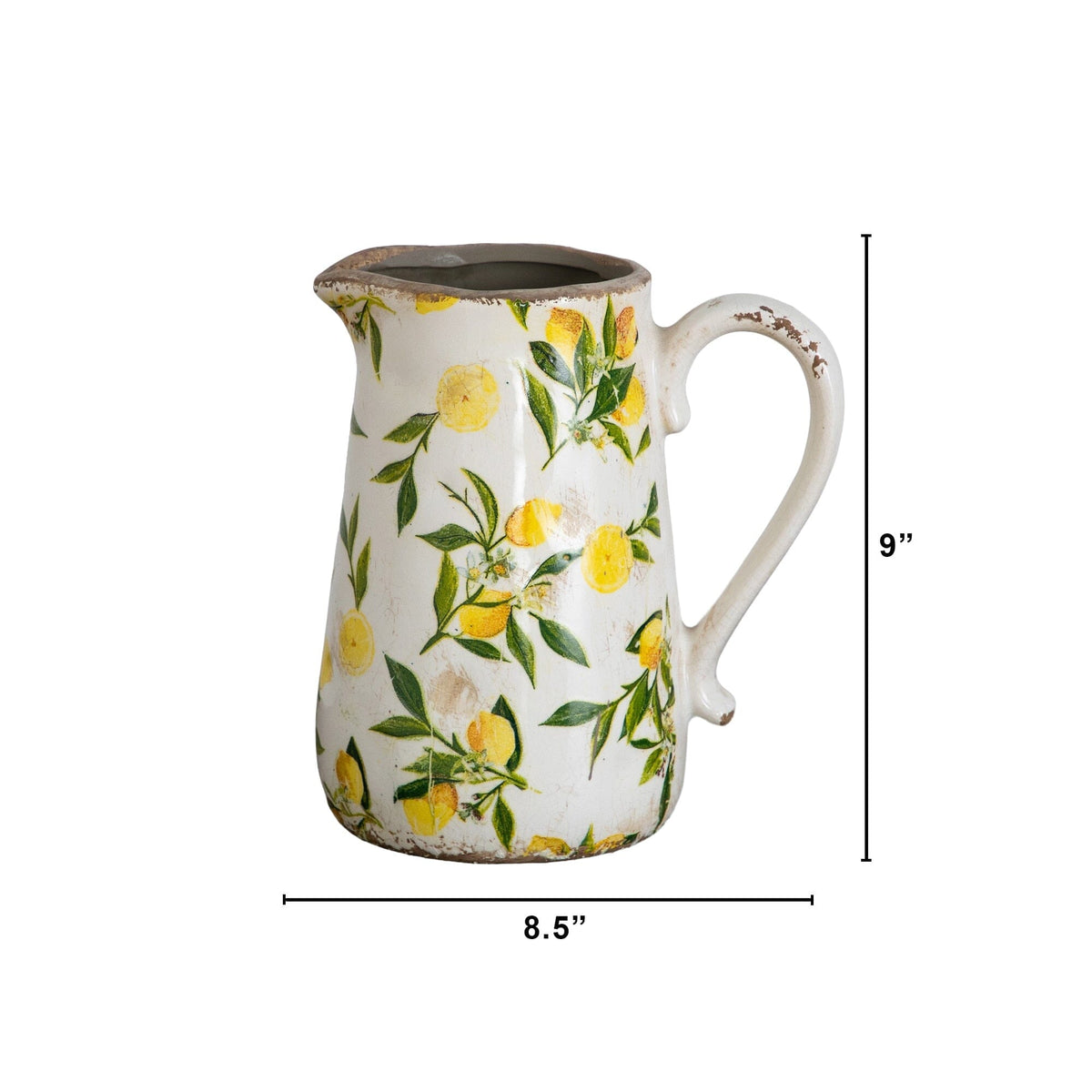 9-inch lemon print ceramic rustic jug vase by Nearly Natural with distressed rim on Tampa Home & Garden Store
