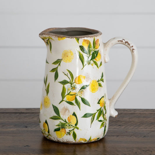 9-inch lemon-print ceramic rustic jug vase with green leaves and yellow lemons on Tampa Home & Garden Store