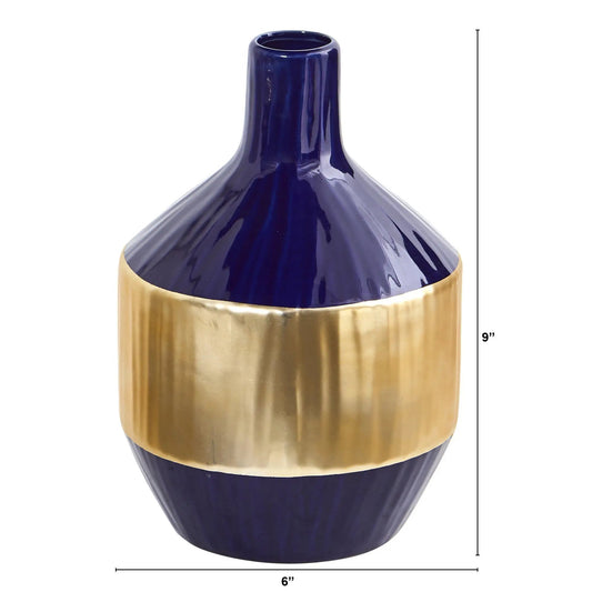9-inch Lux blue ceramic vase with gold band, glossy cobalt glaze on Tampa Home & Garden Store