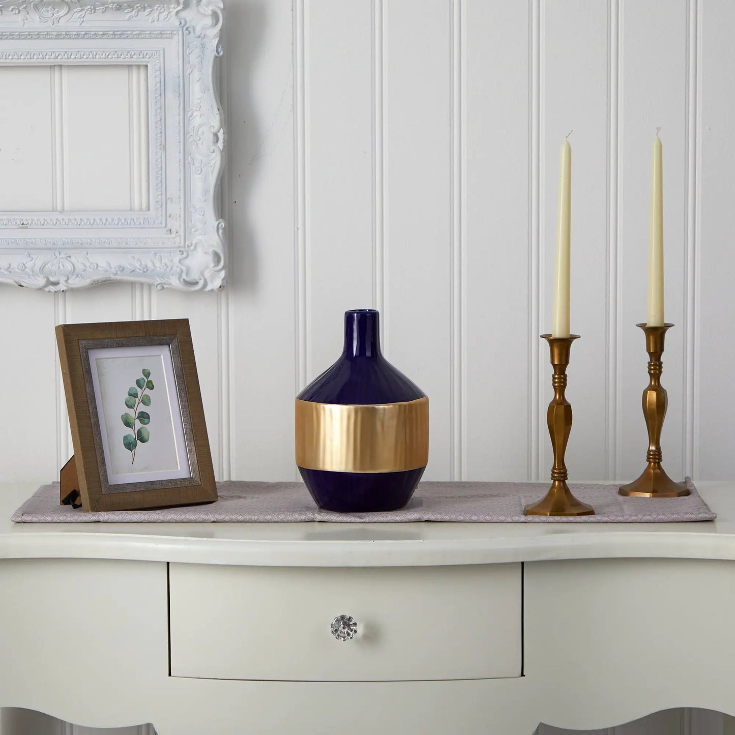 9 Inch Lux Blue Ceramic Vase With Gold Band glossy navy finish with gold band accent on Tampa Home & Garden Store
