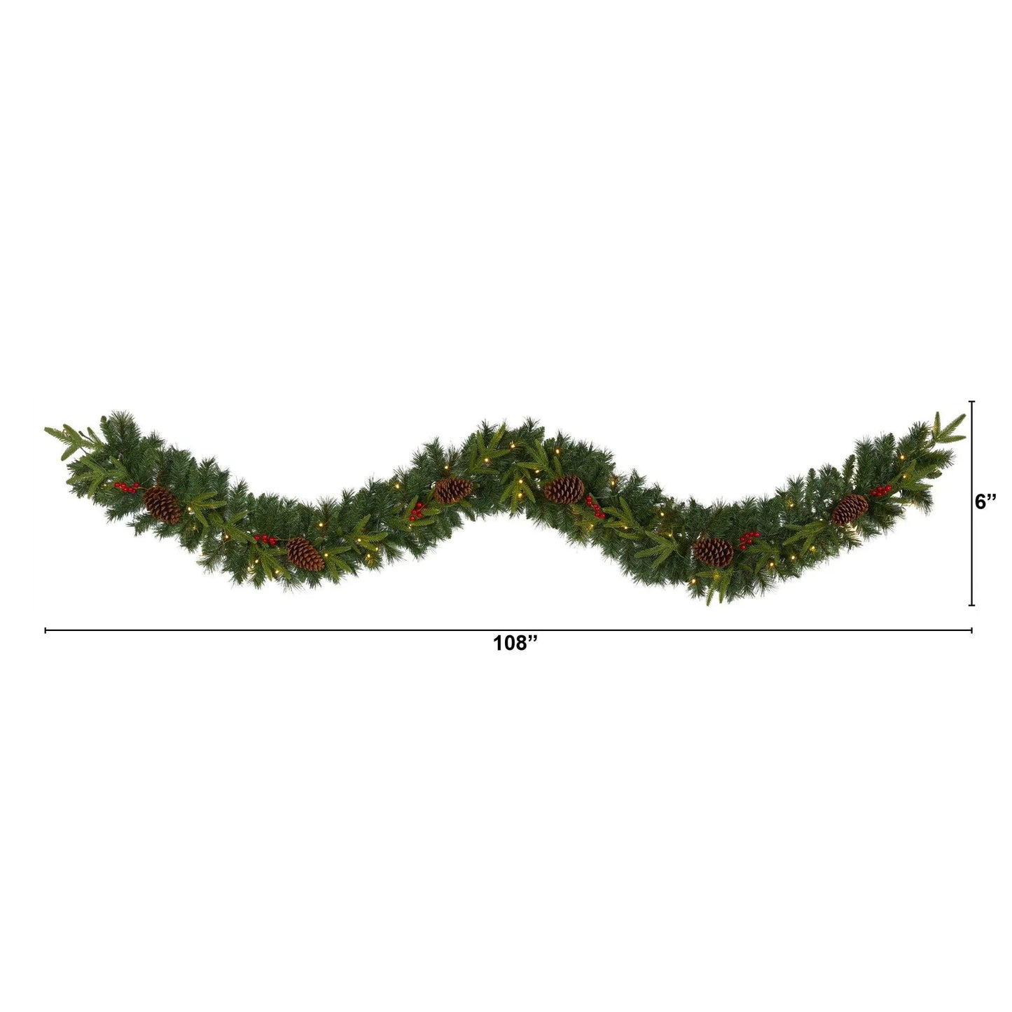 9 ft pine Christmas garland with LED lights by Nearly Natural, pinecones and red berries on Tampa Home & Garden Store