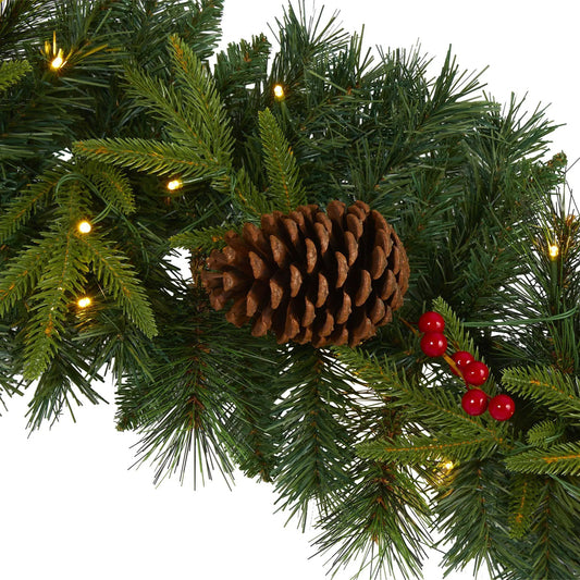 9’ Mixed Pine Artificial Christmas Garland with 50 Clear LED Lights, Berries and Pinecones - Tampa Home & Garden Store