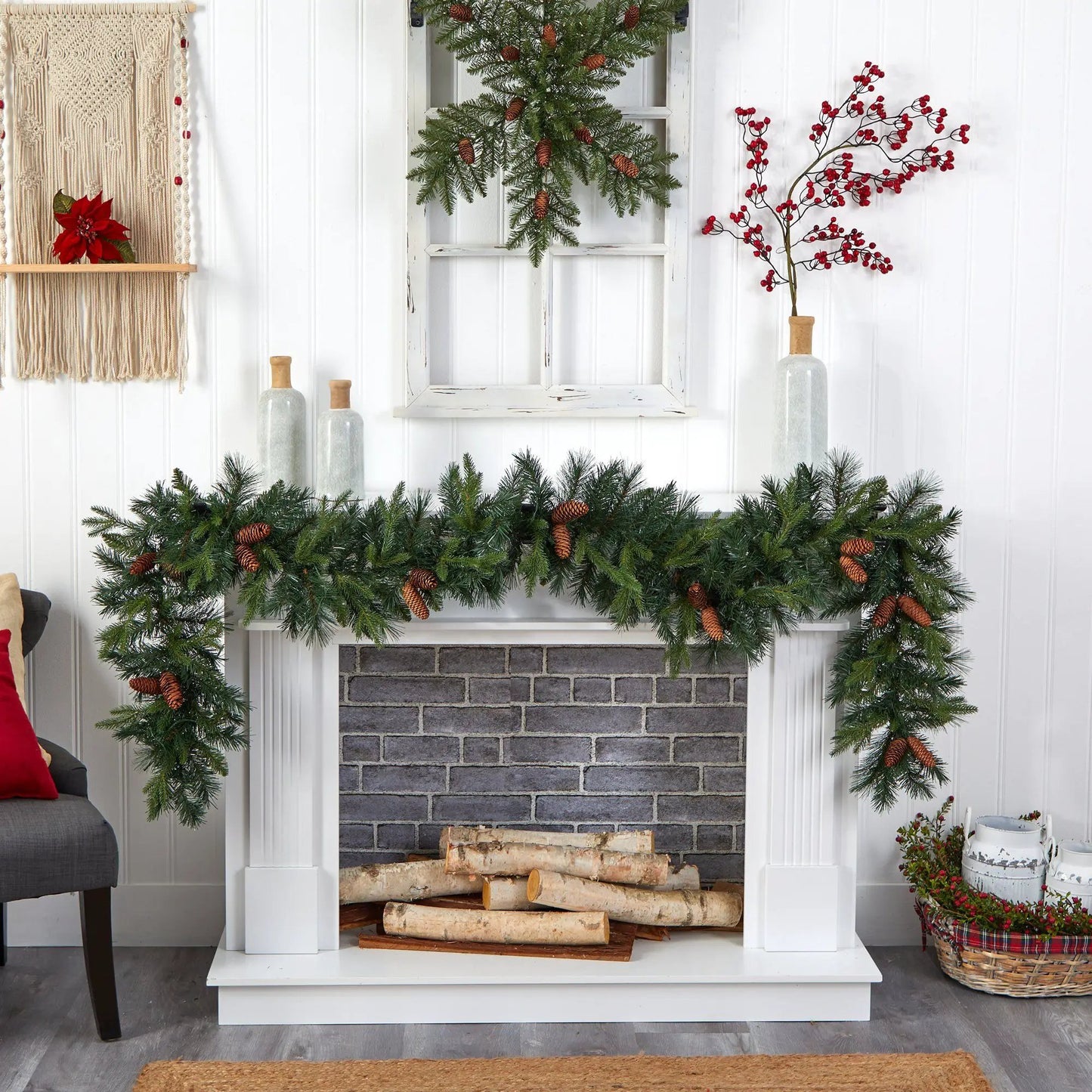 Nearly Natural Pine Garland with pinecones and warm LED lights, 9 ft garland on fireplace mantel on Tampa Home & Garden Store
