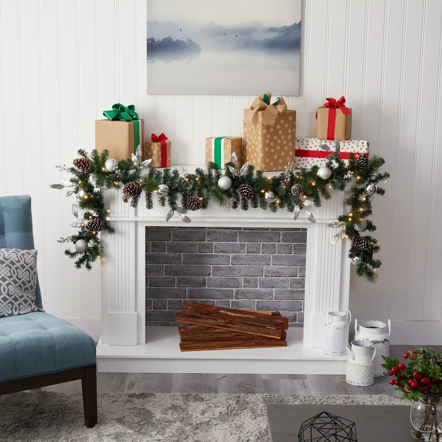 9 ft pinecone ornament garland with LED lights, green garland with pinecones on mantle on Tampa Home & Garden Store