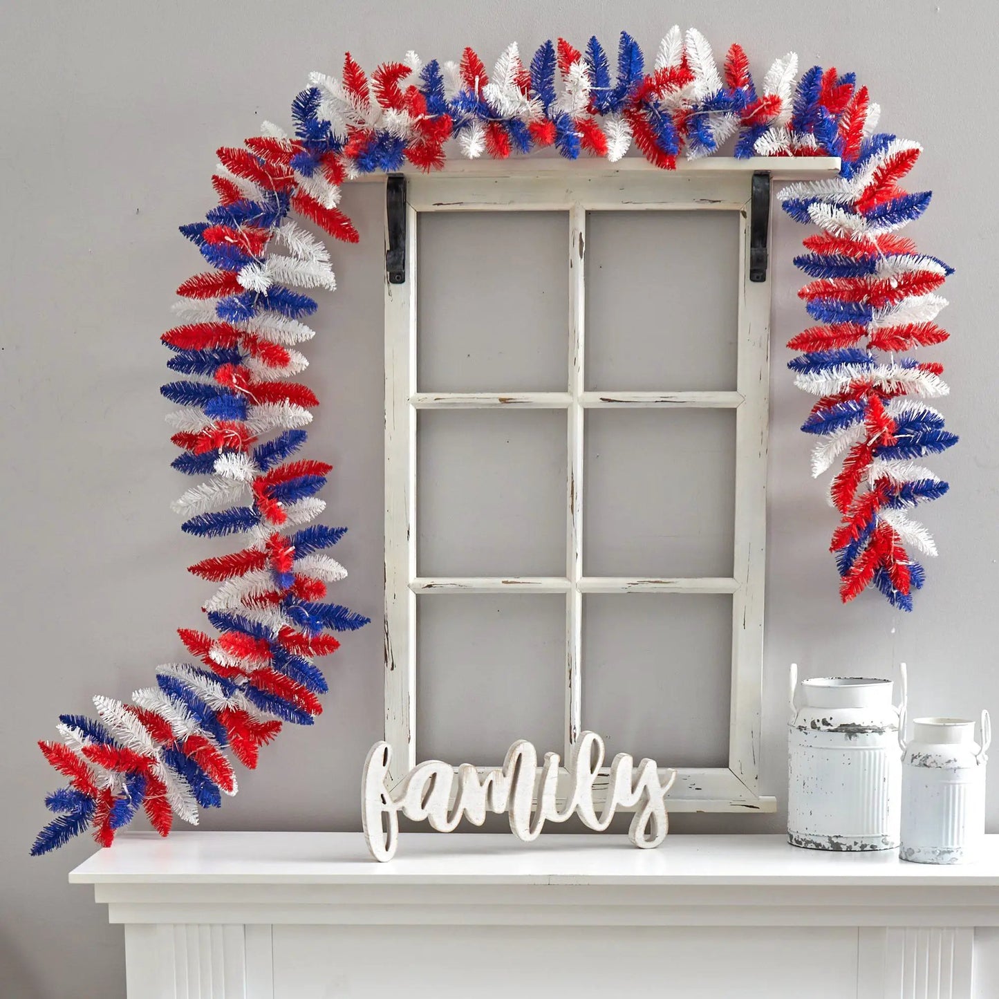 Patriotic flag garland with red, white and blue fuzzy tinsel and 50 warm LEDs by Nearly Natural on Tampa Home & Garden Store