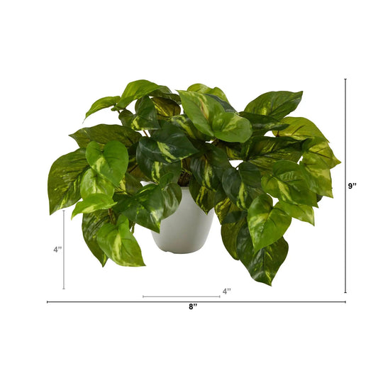 Nearly Natural 9-in real-touch pothos plant in white planter with variegated leaves on Tampa Home & Garden Store