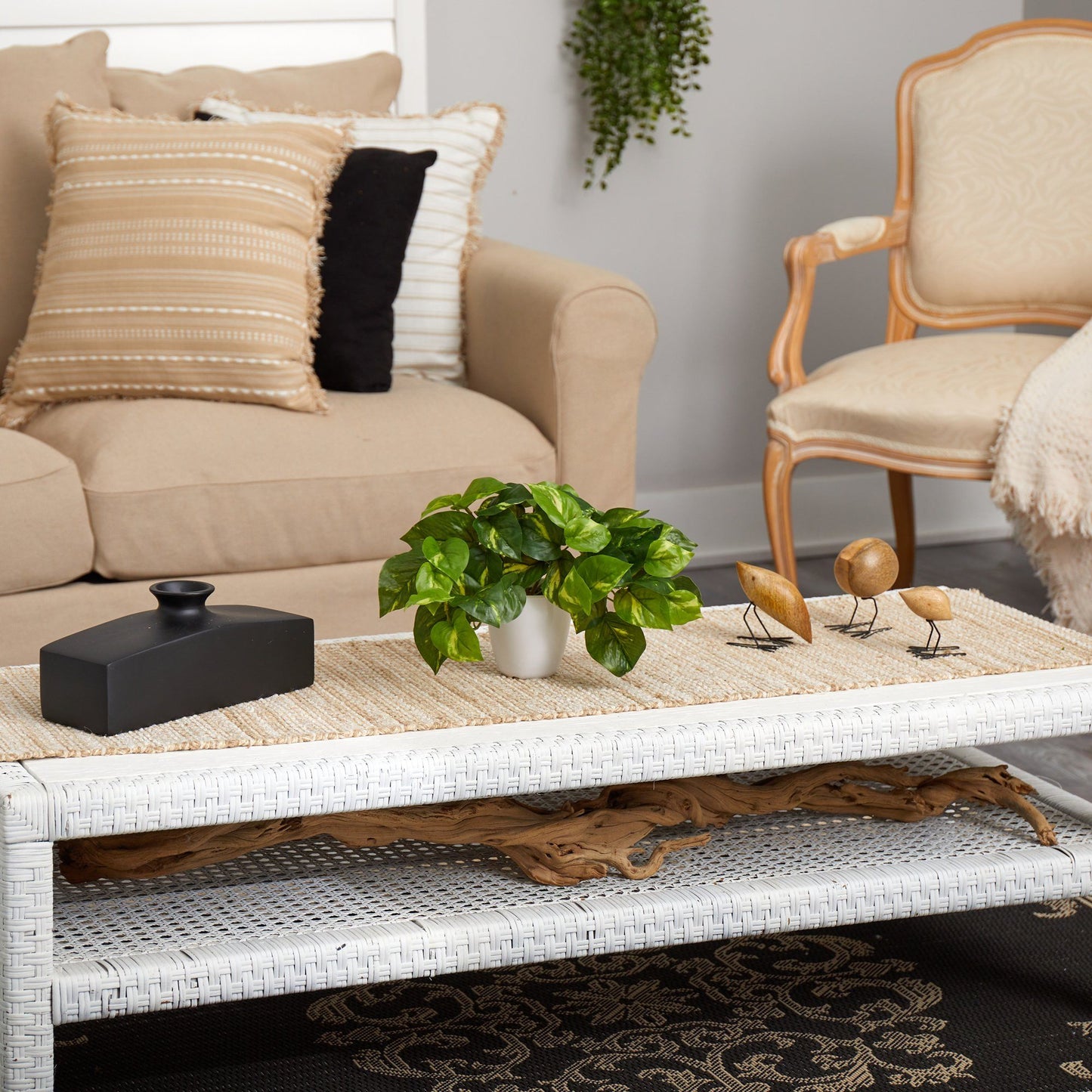 9 Inch Real Touch Pothos in White Planter by Nearly Natural, lush green houseplant on coffee table on Tampa Home & Garden Store