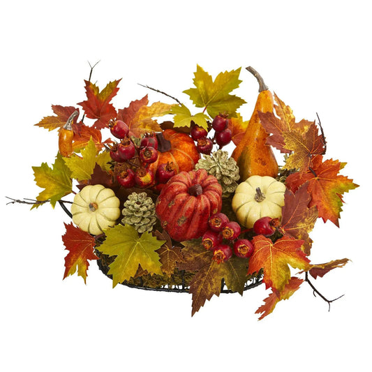 9 Inch Pumpkin Gourd Berry Maple Leaf arrangement with assorted orange gourds and red berries on Tampa Home & Garden Store