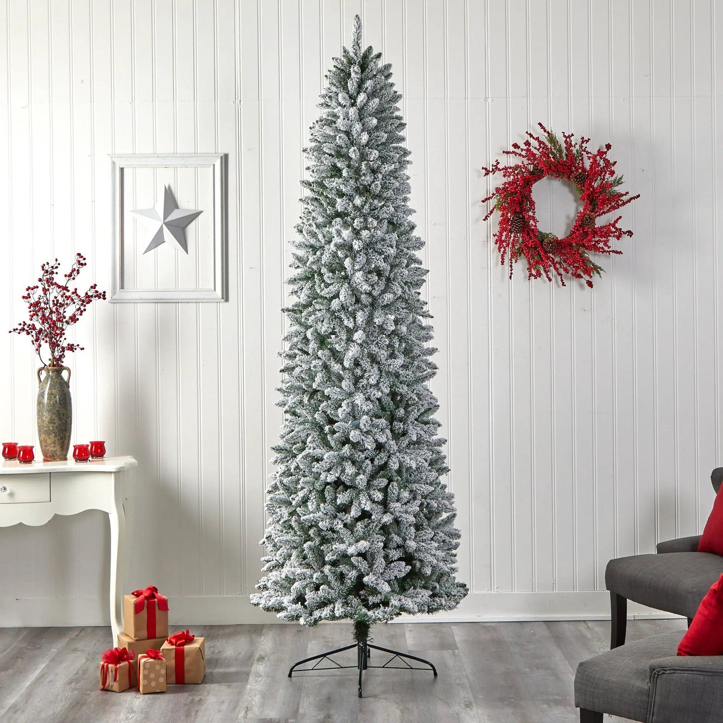 9 ft slim flocked Montreal fir Christmas tree by Nearly Natural with white snow flocking on Tampa Home & Garden Store
