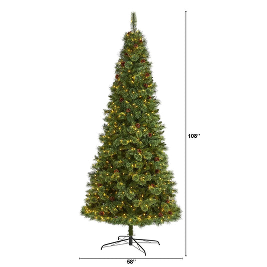 9 ft artificial White Mountain Pine Tree with LED lights and pinecones on metal stand on Tampa Home & Garden Store