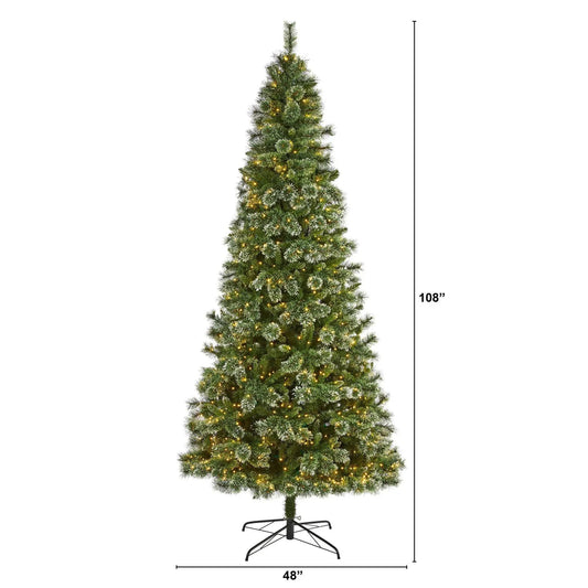 Wisconsin Slim Snow Tip Pine Tree with LED lights, 9 ft tall, narrow pre-lit evergreen on Tampa Home & Garden Store