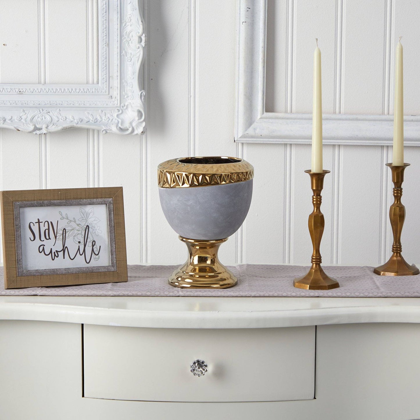 Regal Stone Oval Vase with Gold Accents, gray stone finish, gold trim, with two candleholders on Tampa Home & Garden Store