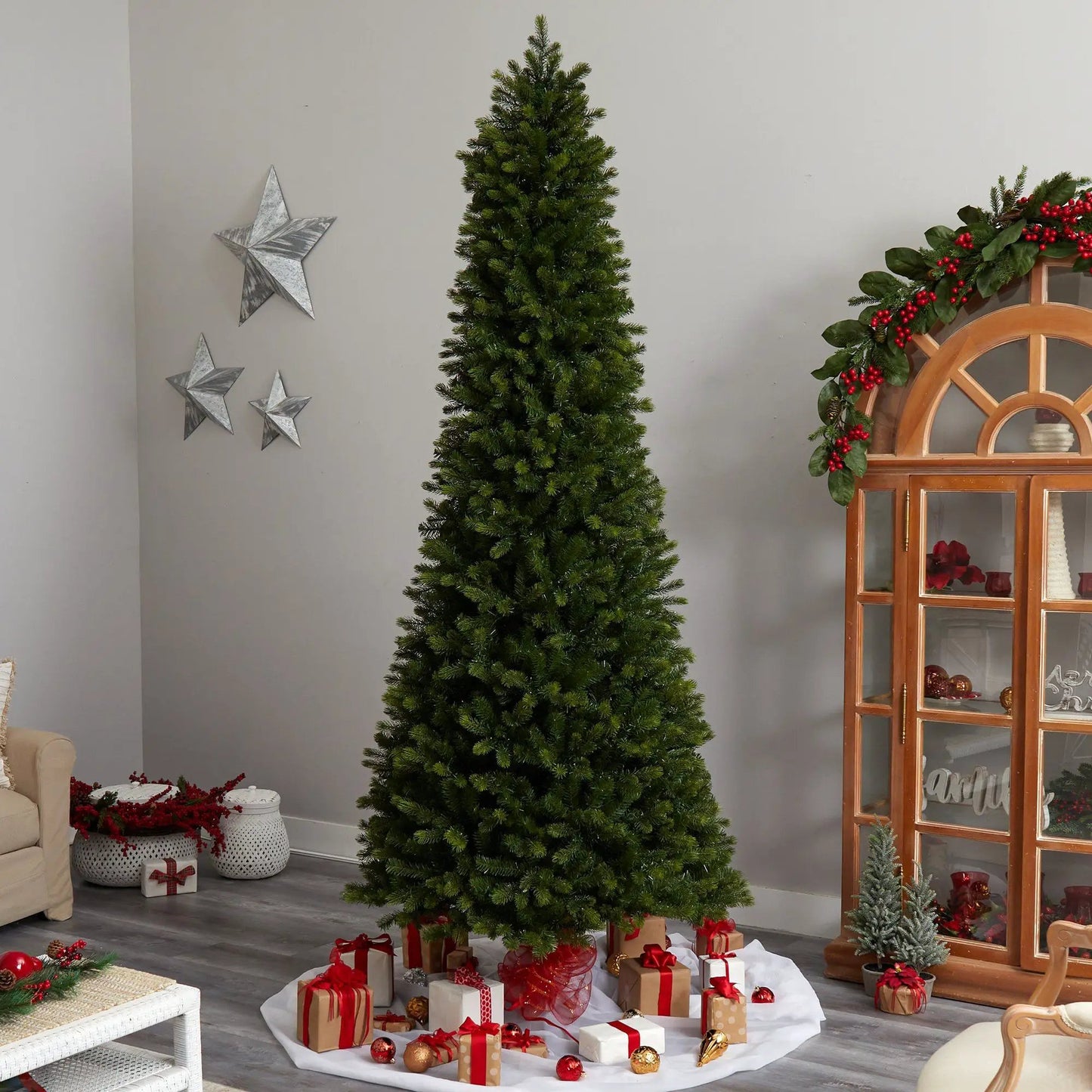 9.5 ft Slim Colorado Mountain Spruce artificial Christmas tree with dense green needles on Tampa Home & Garden Store