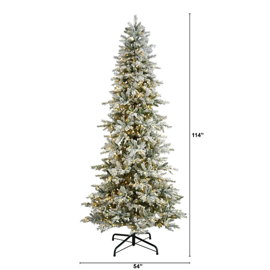 9.5 ft Slim Flocked Nova Scotia Spruce Tree by Nearly Natural with lights on metal stand on Tampa Home & Garden Store