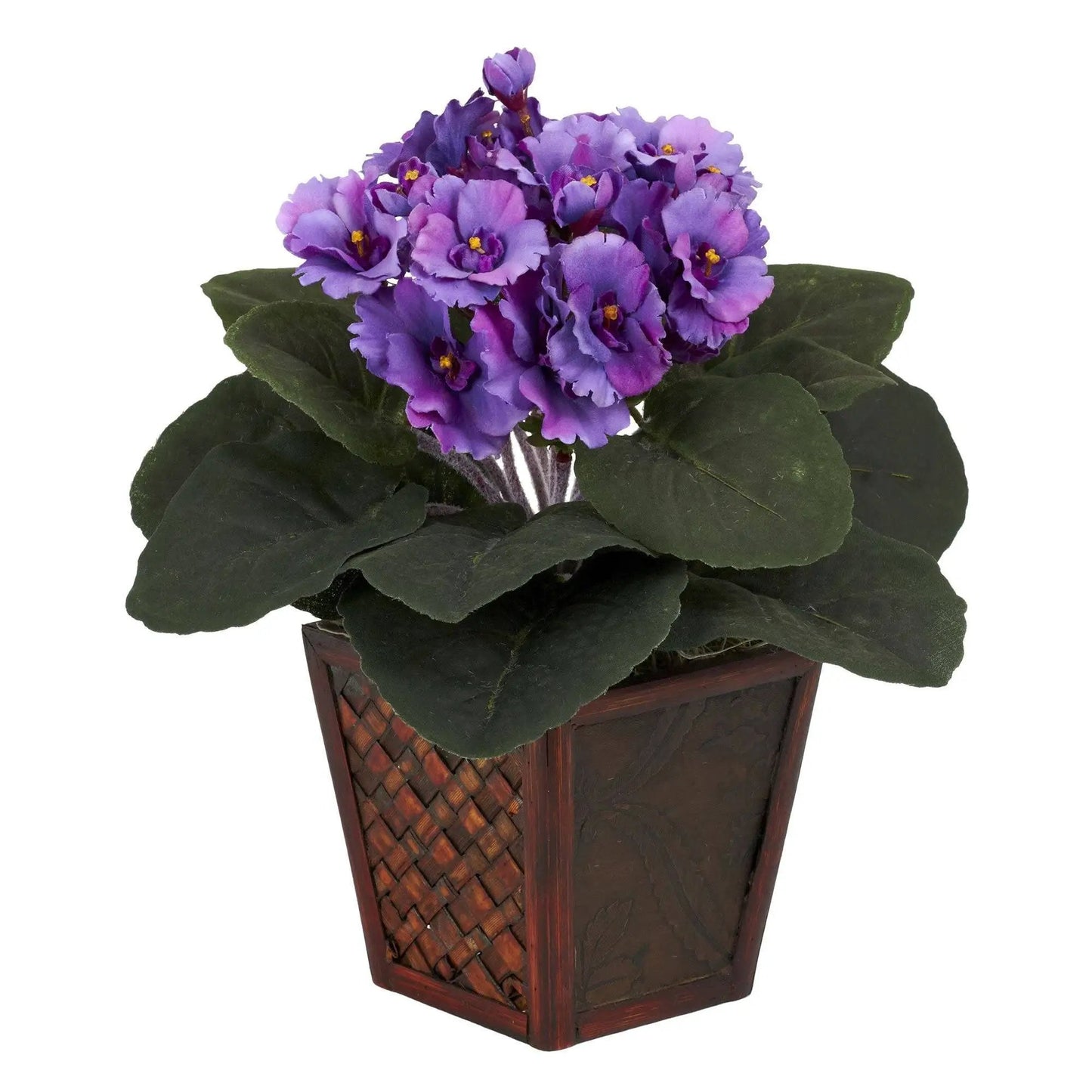 African Violet Silk Plants in Vase Set of 2 with purple blossoms and dark green leaves on Tampa Home & Garden Store