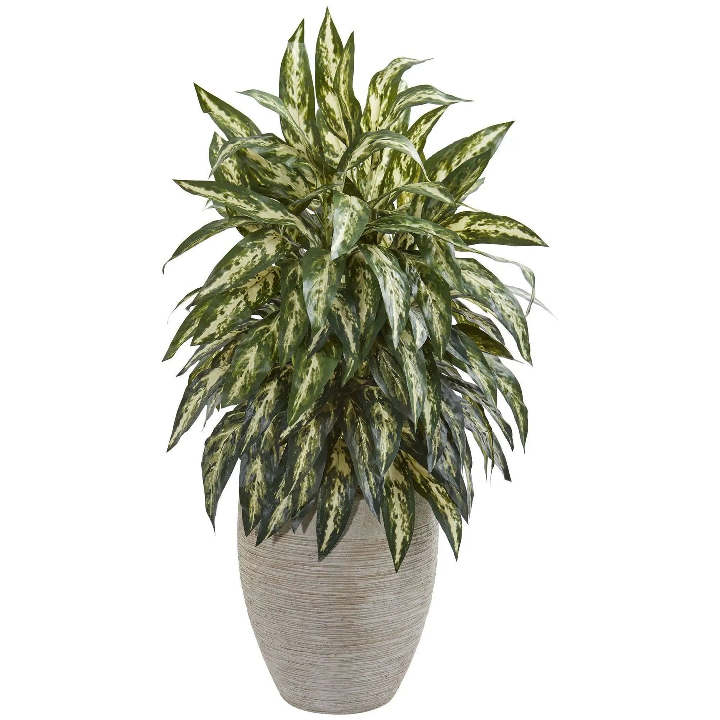 Aglonema artificial plant in sand-colored planter with green leaves on Tampa Home & Garden Store