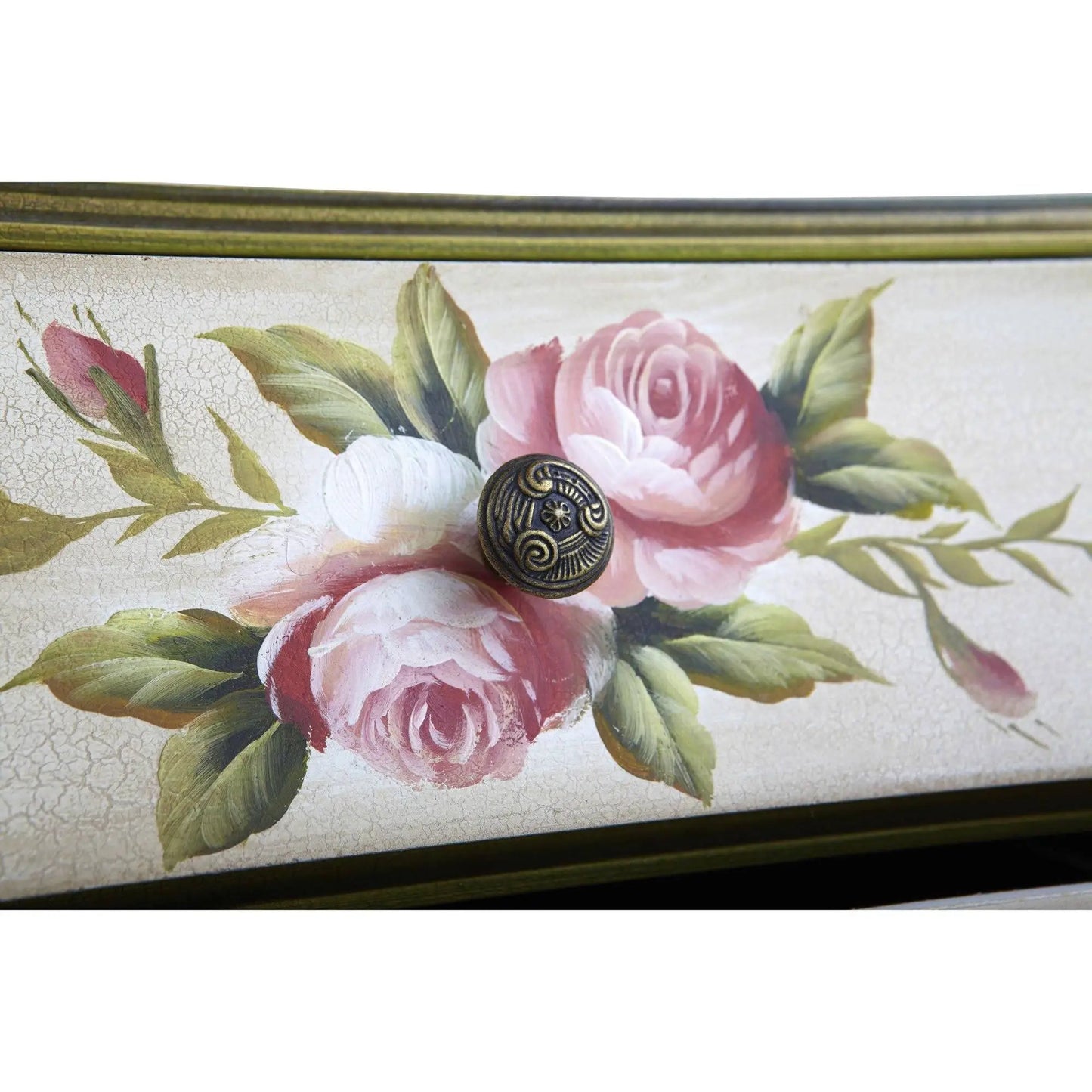 Antique nightstand with floral art: pink roses and green leaves on cream surface brass knob on Tampa Home & Garden Store