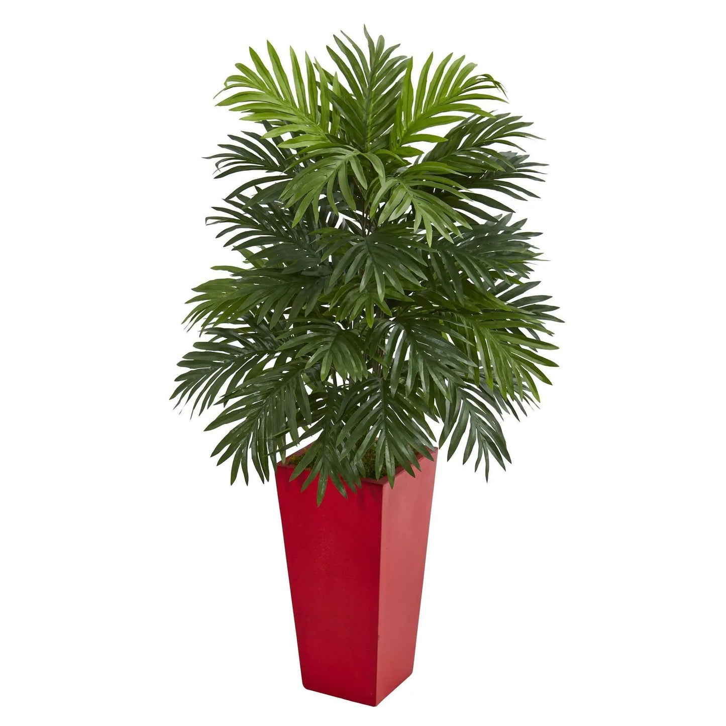 Areca Palm Artificial Plant by Nearly Natural with green fronds in a red tapered planter on Tampa Home & Garden Store
