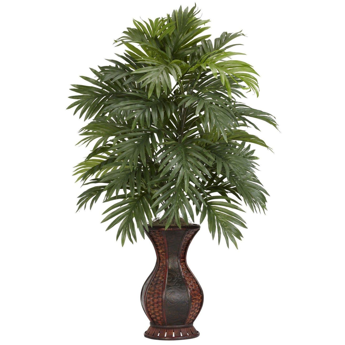 Areca Palm silk plant in a brown wicker urn by Nearly Natural with lush green fronds on Tampa Home & Garden Store