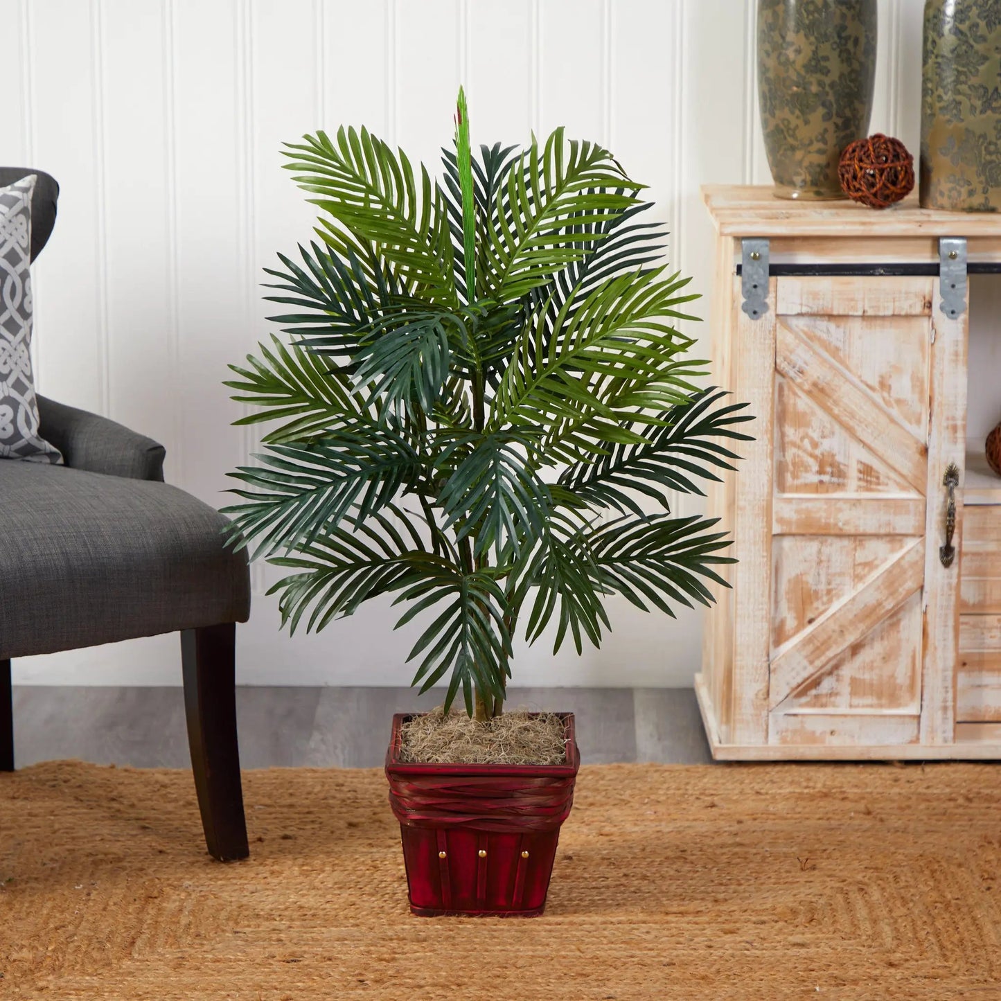 Areca Palm Silk Plant in wicker basket with green fronds Nearly Natural artificial plant on Tampa Home & Garden Store