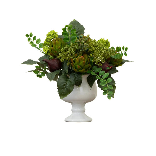 Artichoke and Hydrangea silk arrangement by Nearly Natural with green foliage in white vase on Tampa Home & Garden Store