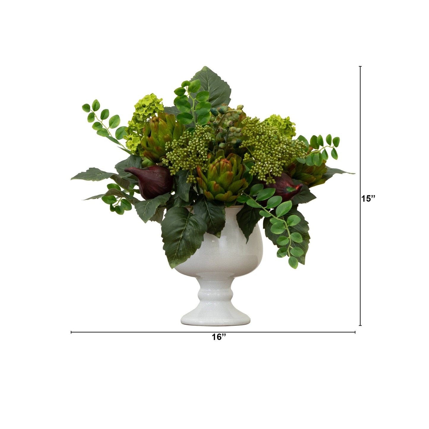 Artichoke and Hydrangea Silk Flower Arrangement with green foliage in a white pedestal vase on Tampa Home & Garden Store