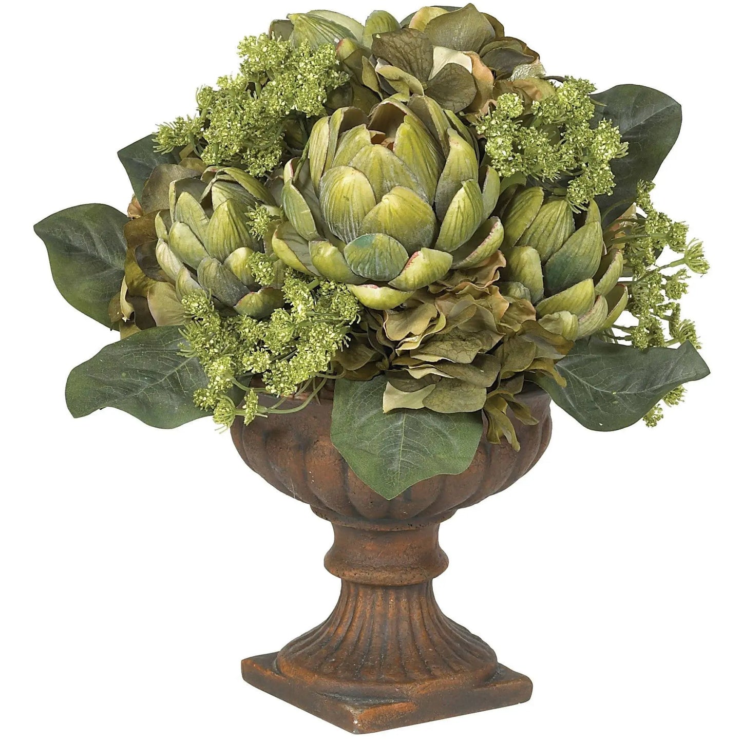 Artichoke centerpiece silk arrangement with green petals in a rustic pedestal vase on Tampa Home & Garden Store