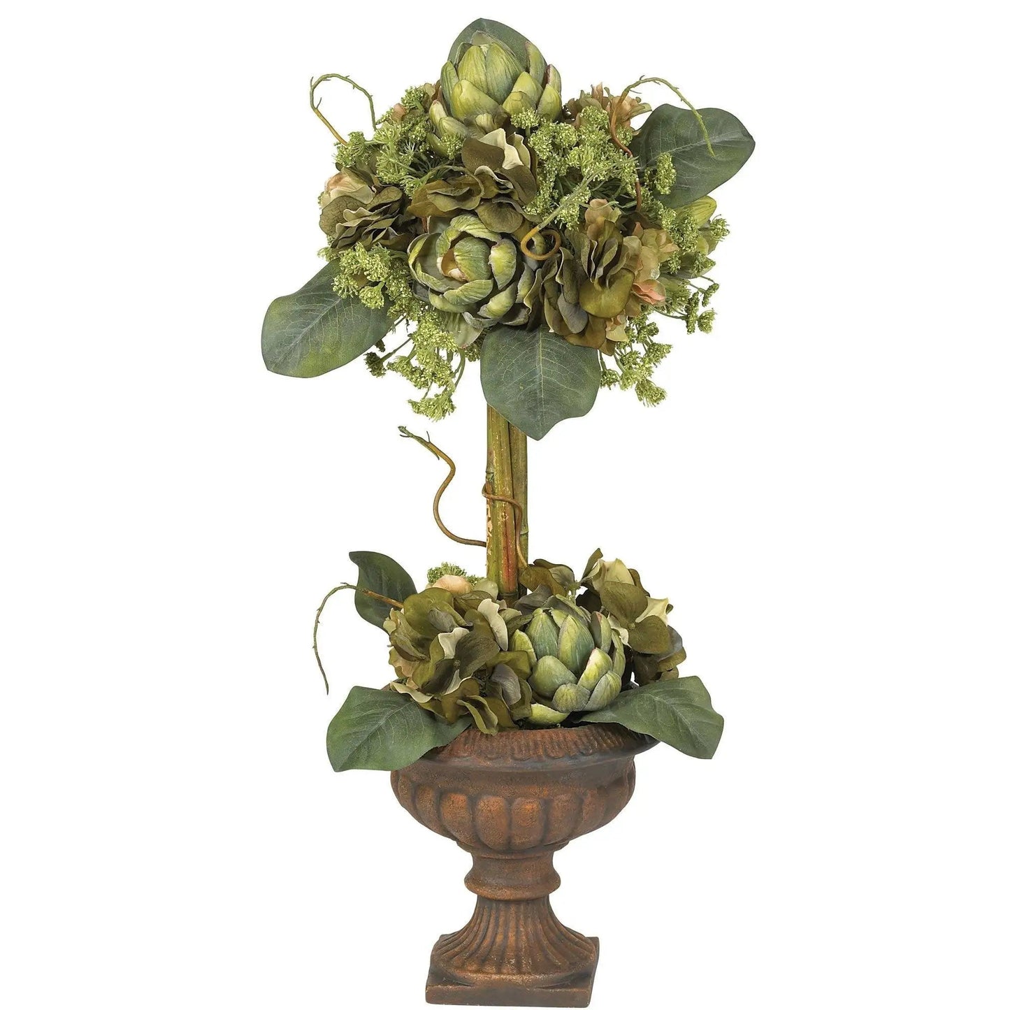 Nearly Natural Artichoke Topiary Silk Flower Arrangement in green tones in a rustic urn on Tampa Home & Garden Store