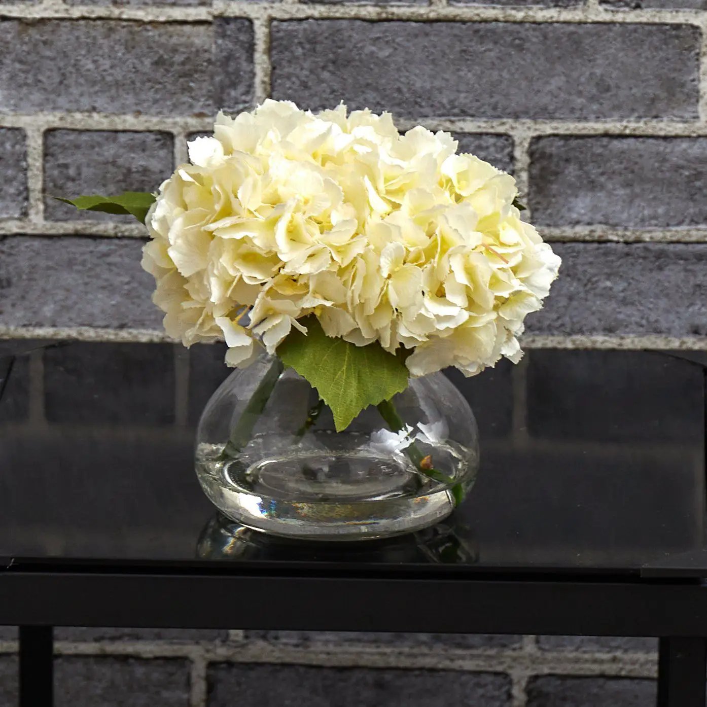 Nearly Natural artificial hydrangea bouquet in clear glass vase with ivory blooms on Tampa Home & Garden Store