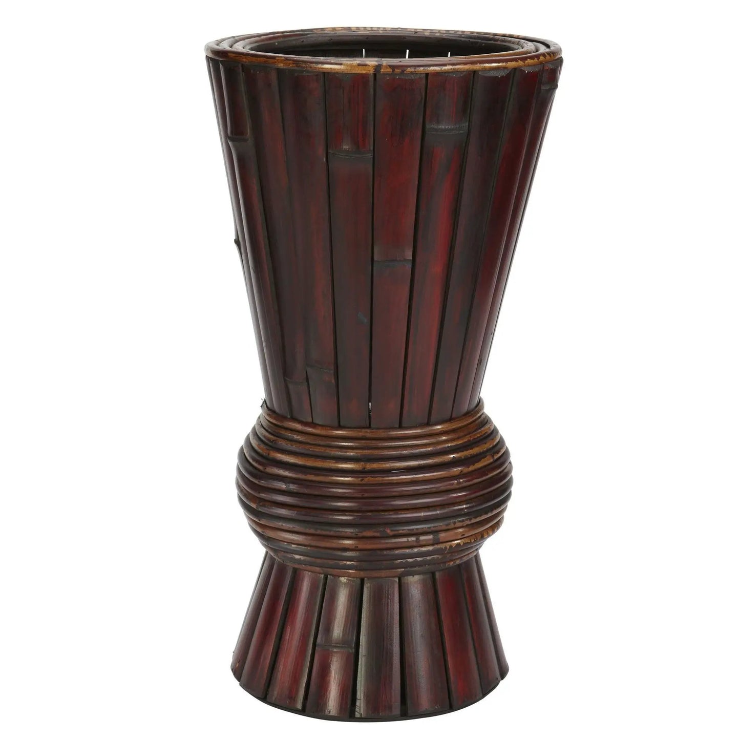 Burgundy bamboo decorative planter vase with vertical slats and round top ring on Tampa Home & Garden Store