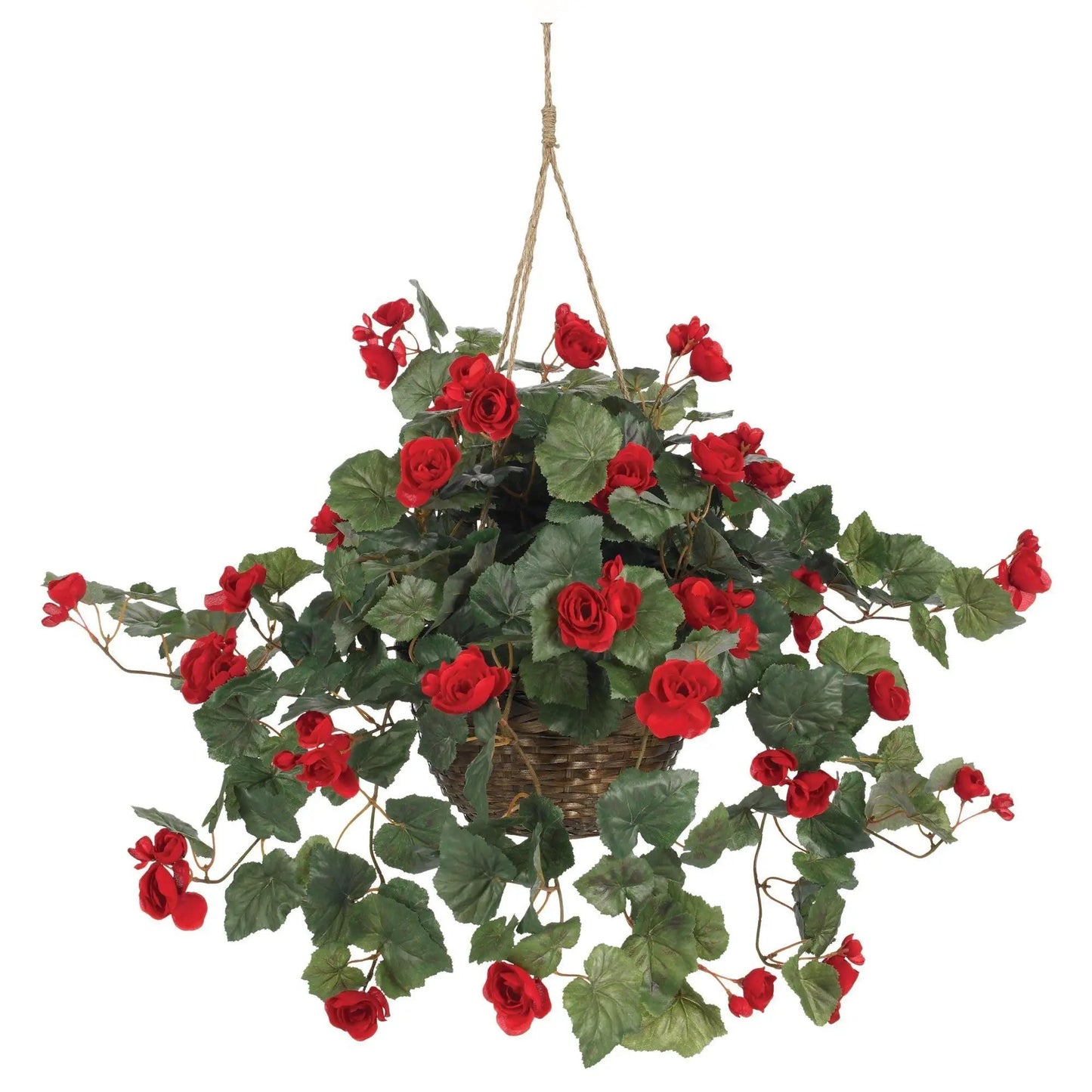 Begonia Hanging Basket with red cascade blooms and green foliage by Nearly Natural on Tampa Home & Garden Store