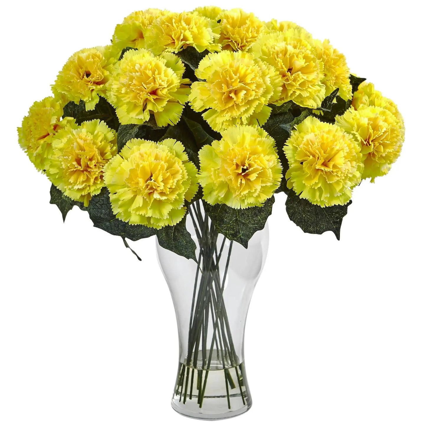 Nearly Natural artificial yellow carnation bouquet in clear glass vase on Tampa Home & Garden Store