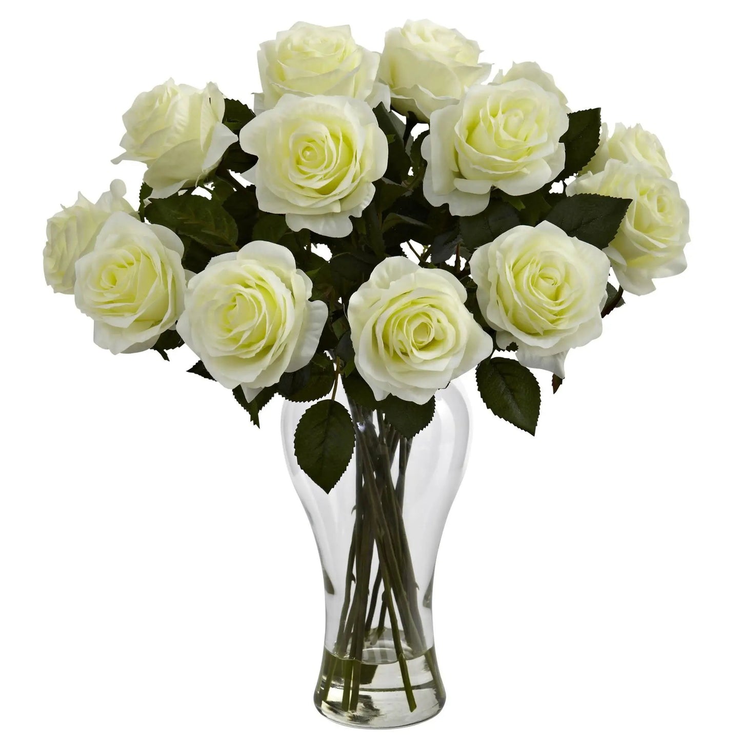 Artificial white rose bouquet by Nearly Natural in decorative glass vase with green leaves on Tampa Home & Garden Store